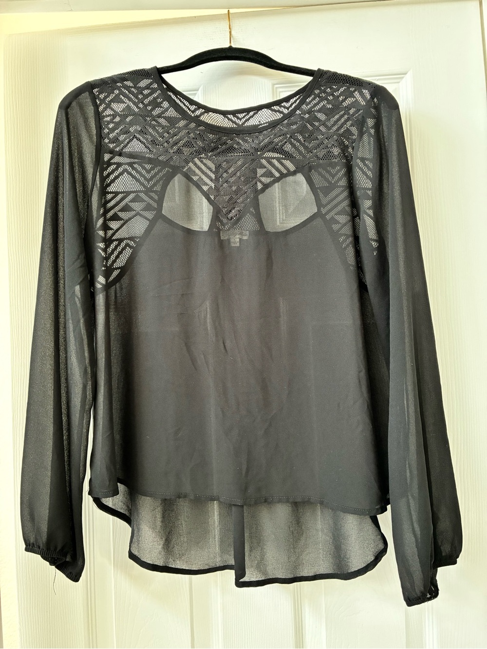 Lily White Black Sheer Lace Yoke Long-Sleeve Top